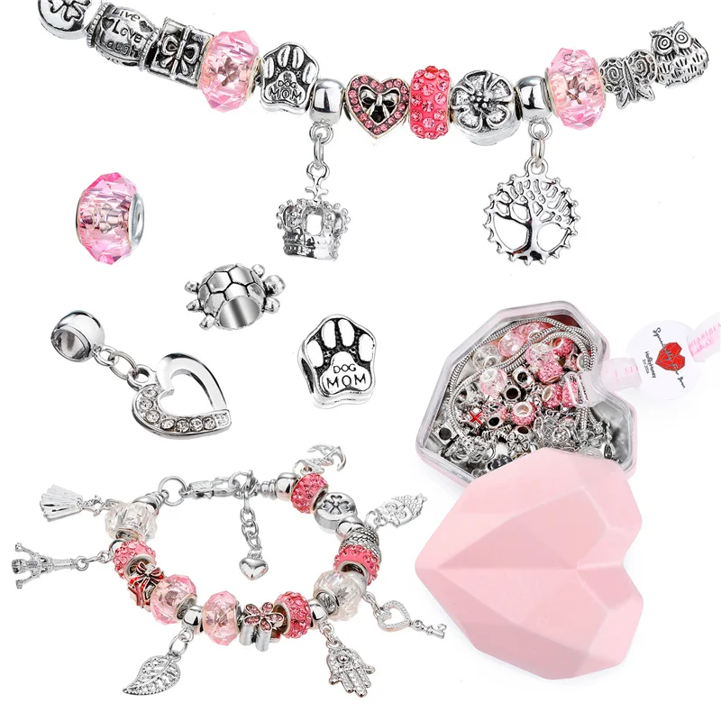 56 Pieces Lot Bracelet Making Kit with Heart Box Package European Beads Charms Crafts Necklace DIY Pendant Necklace Jewelry Kit