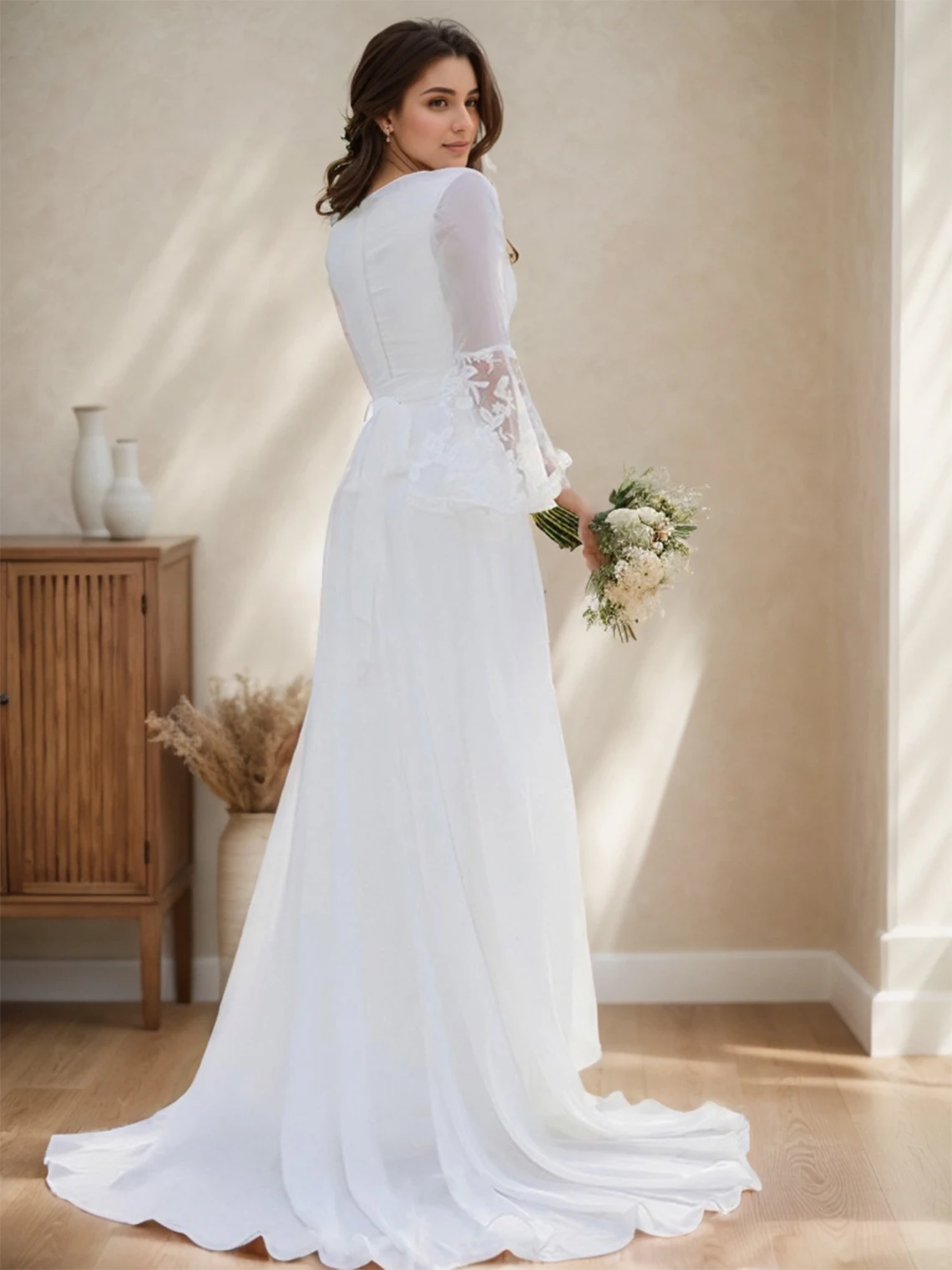 Elegant A-Line Wedding Dress Long Sleeve V Neck Tulle Appliques Sweep Train Engagement Rehearsal Dresses 2025 Free Customized