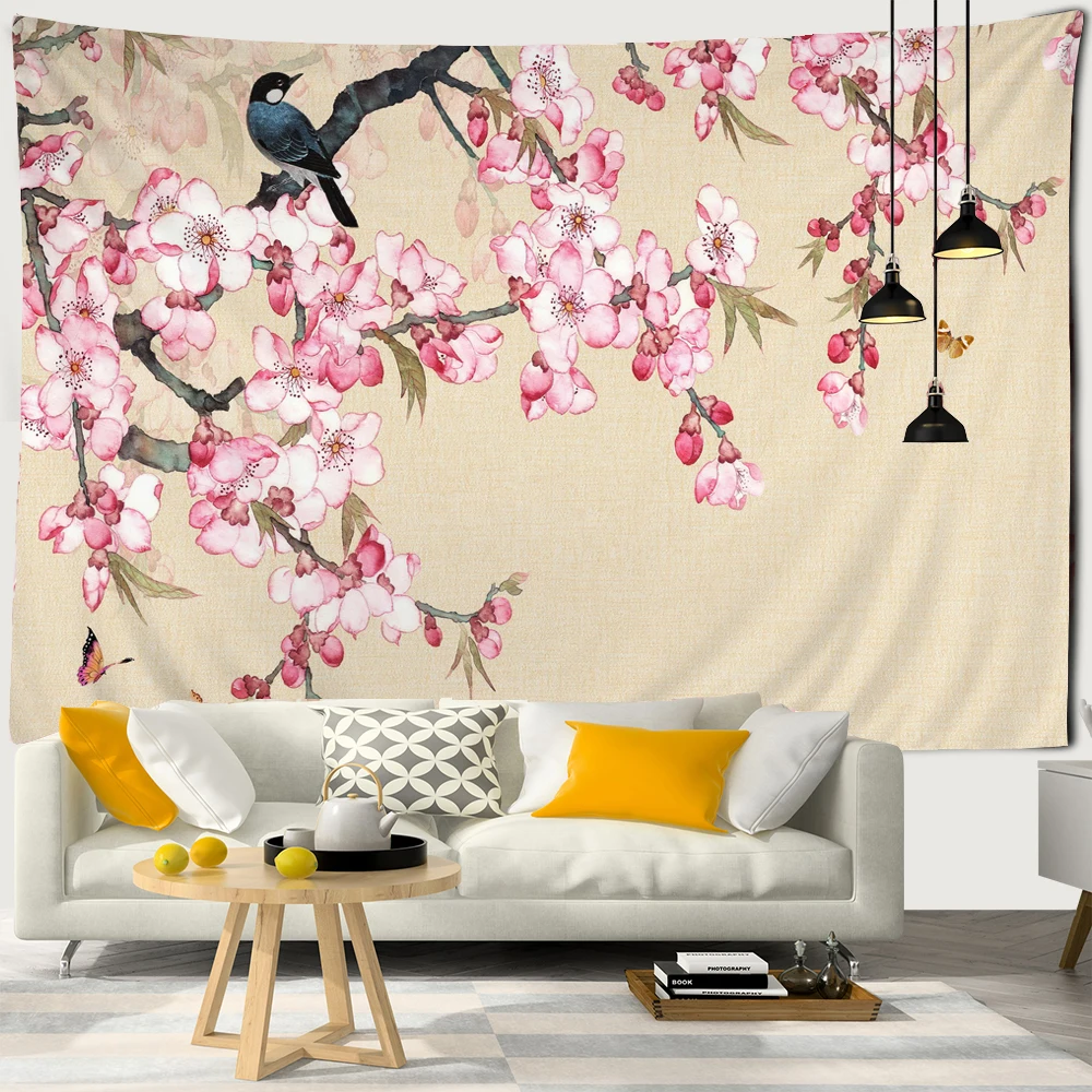 Flowers Bird Plants Style Wall Tapestry Flowers Pattern Printed Polyester Tapestry Wall Hanging Home Decor Bedroom Wall Cloth