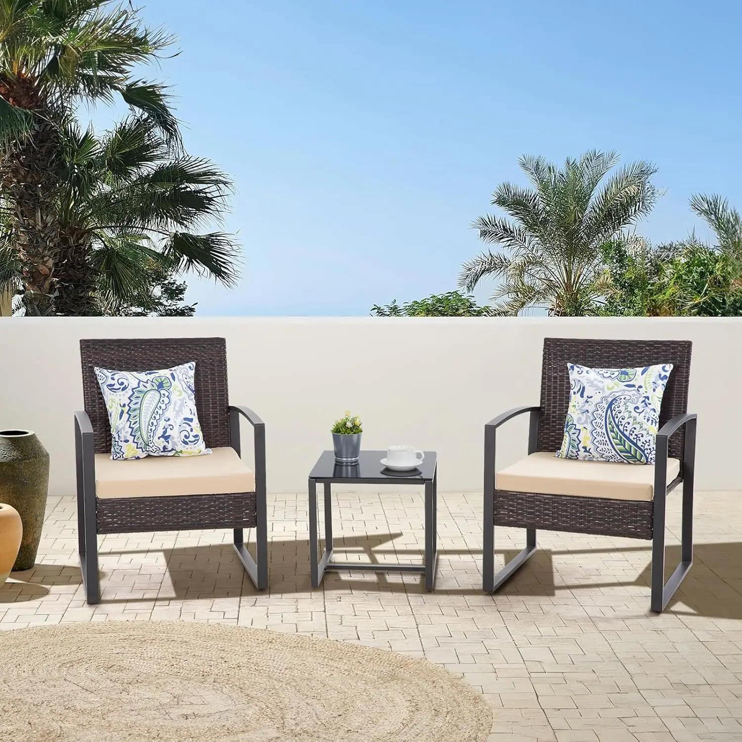 3PCS Patio Furniture Set, Outdoor Wicker Bistro Conversation Set with Padded Cushions & Glass Table, Garden Rattan Chair Set fo