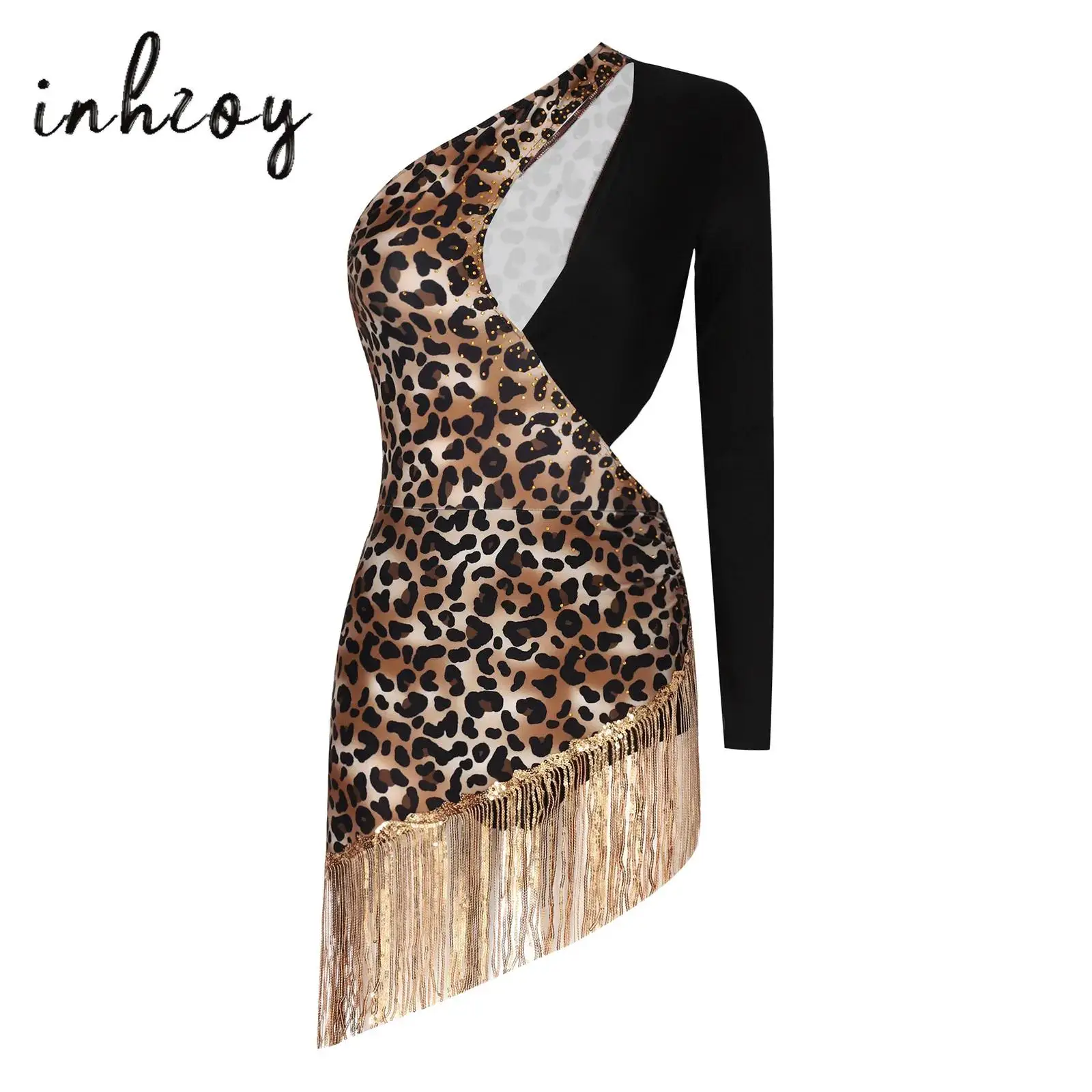 

Women's Leopard Print Latin Dance Dress Rhinestones One Shoulder Long Sleeve Waist Side Cut Sequins Tassel Leotard Dress ChaCha