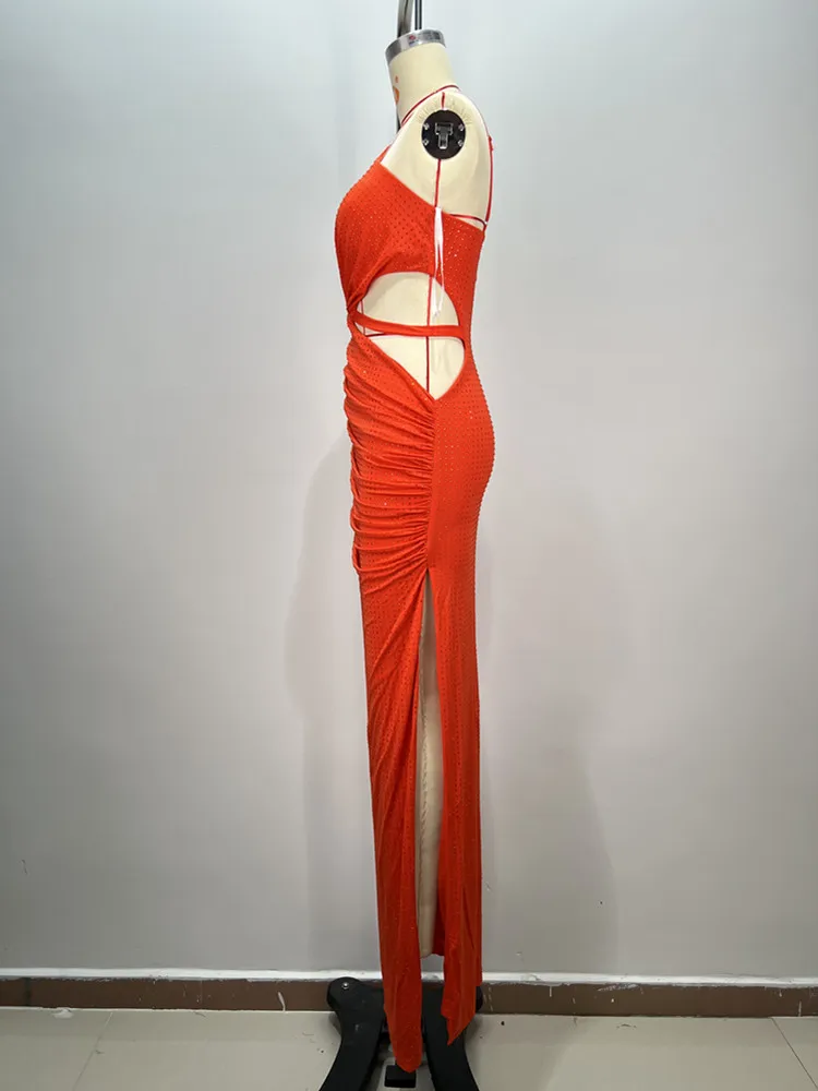 Robe de Soirée Sexy pour Femme, Tenue Maxi Longue avec Diamants Orange Découpés en Fibre, Vêtement de Marque pour Spectacle sur Scène, 2024