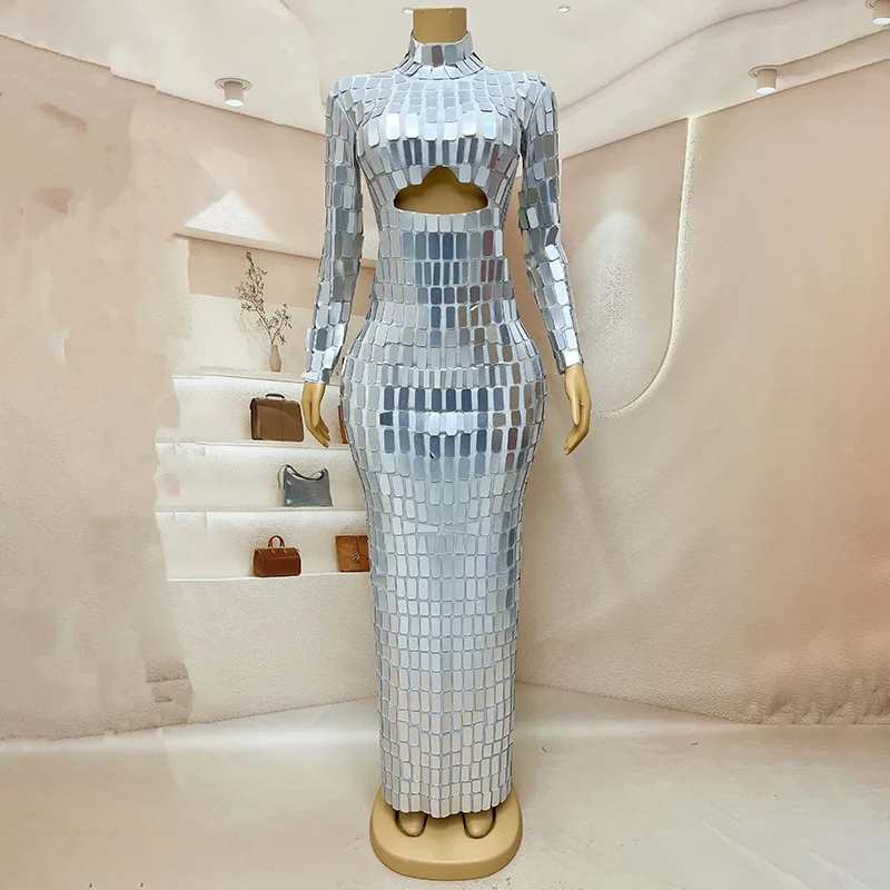 กระจกเงินวันเกิดรุ่น Walk Show จัดเลี้ยงชุดยาว Vestido Luxo Festa Vestidos Para Mujer Stage Performance Dresses