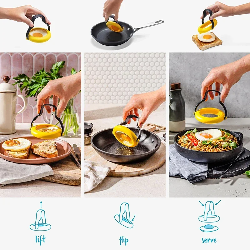 Silicone Egg Ring Non-Stick Cooking Mold Insulated Handle Easy Fry Eggs Breakfast Kitchen Tool 360° Egg Flipper