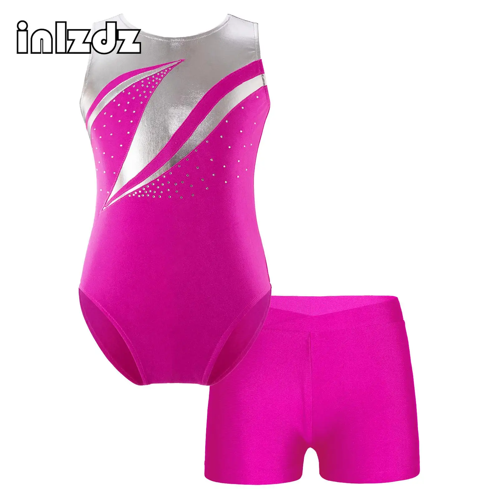 

Kids Girls Figure Skating Dance Outfit Sleeveless Shiny Rhinestones Adorned Ballet Dance Gymnastics Leotard+Shorts Dancewear Set