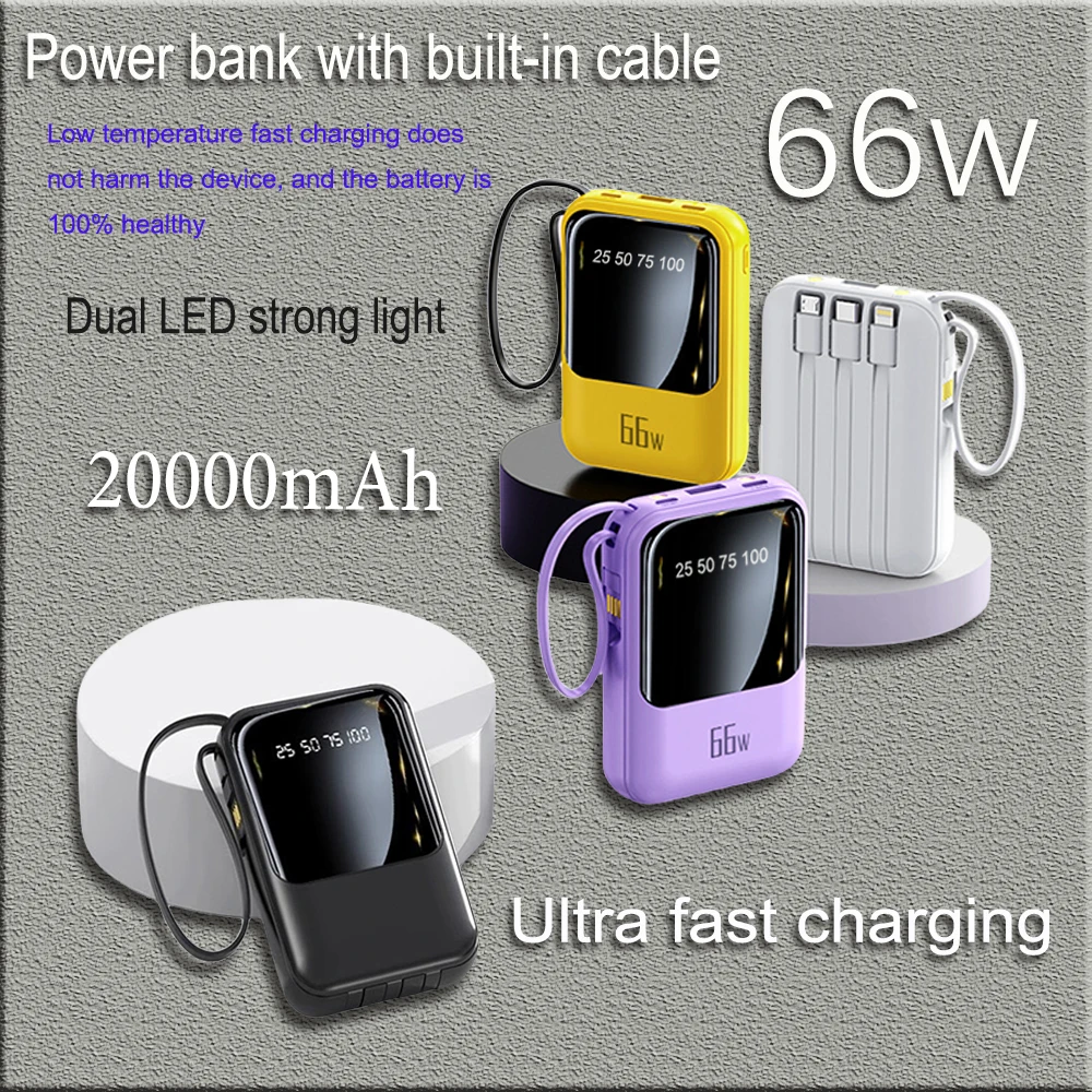 

66W Mobile Phone Power Bank 20000mAh With Built-in Cable, Compact, Portable, Mini, Super Fast Charging, Mobile Power Supply