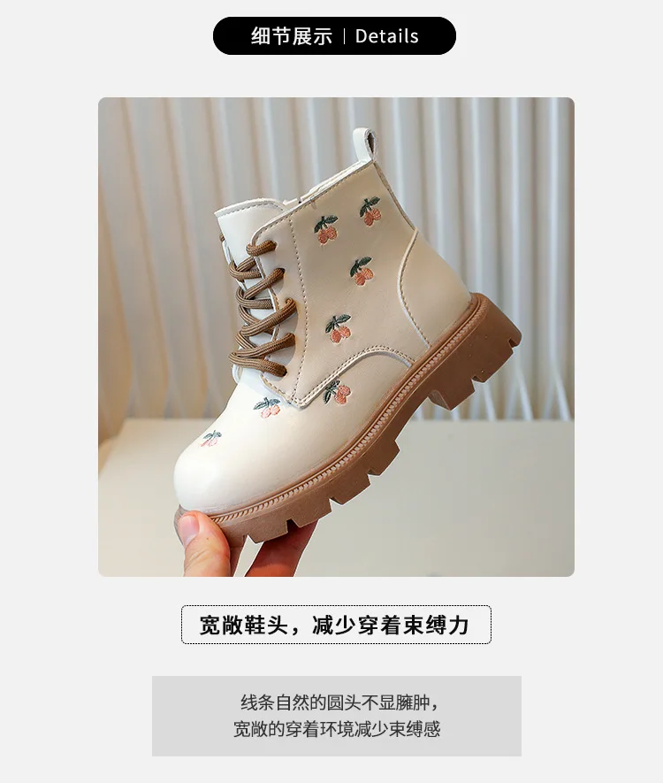 Weichsohlen-Stiefel aus besticktem PU-Leder für Mädchen, Frühling/Herbst, rutschfeste kurze Stiefel, leichte, bequeme Freizeitschuhe für Kinder. – Detail 3