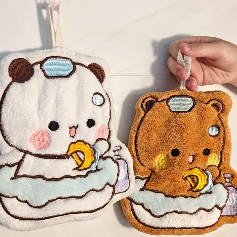 Soft Panda Bubu Dudu Hand Towel Double Layer Thick Absorbent Coral Fleece Hanging Towel Cute Bear Cartoon Towel for Home Towel