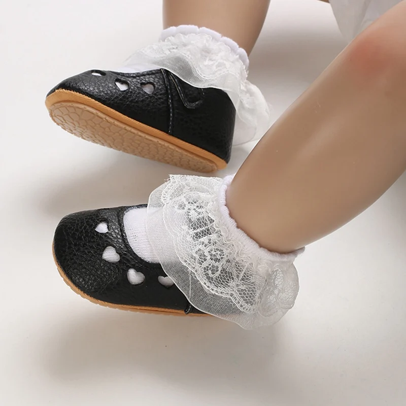 Baywell Baby Shoes Infant Girl Shoes Heart Hollow Out Leather Rubber Sole Anti-slip First Walkers Girl Crib Shoes