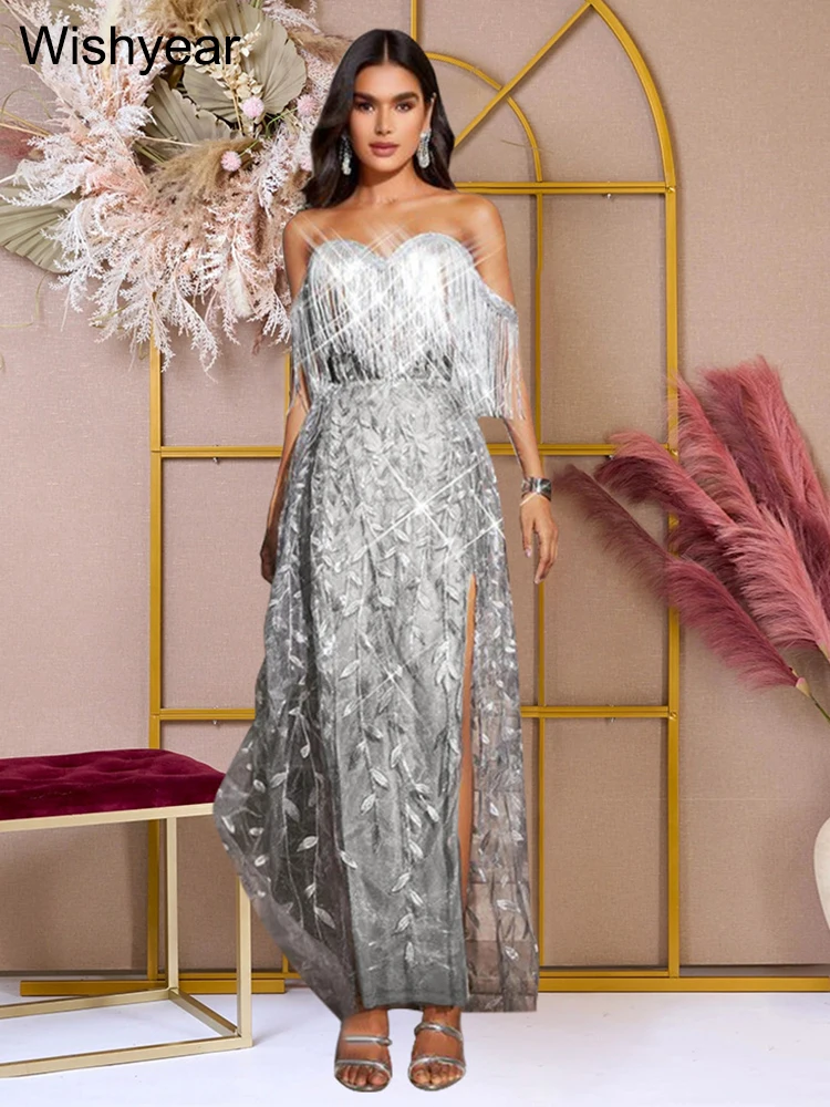 Nuova maglia trasparente con nappe con paillettes da donna con spalle scoperte senza spalline abito lungo con spacco laterale alto elegante abito da sera per invitati al matrimonio