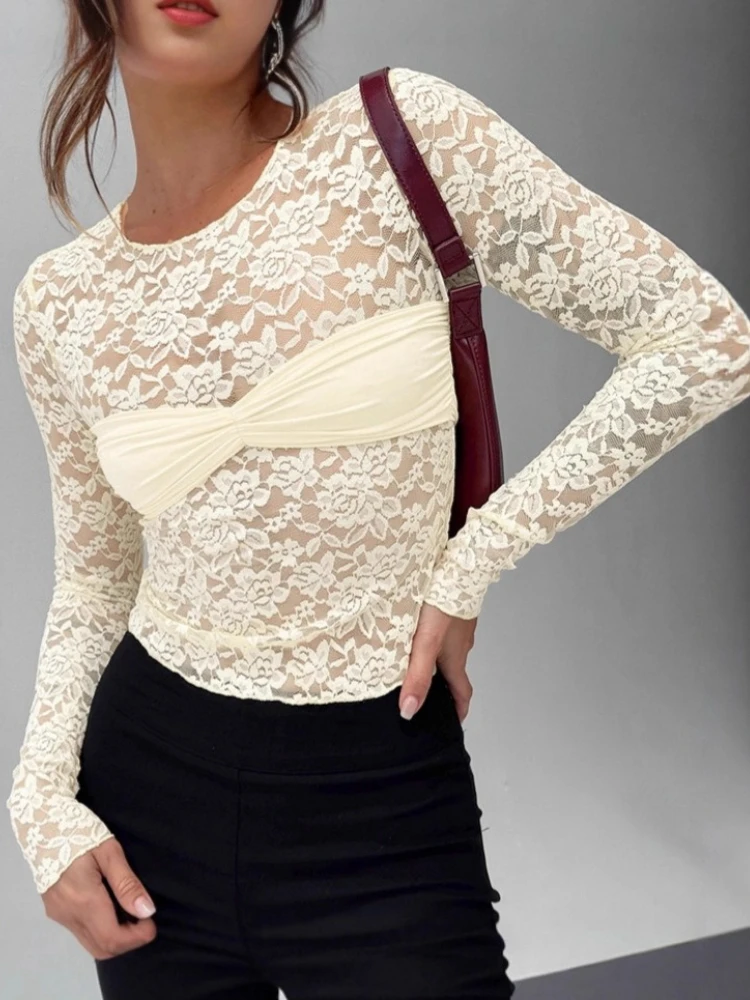 

Tossy Sexy Lace-Up See-Through T-Shirt Top For Women Commute Slim Long Sleeves Solid Patchwork Autumn 2025 New Pullover Y2K Top