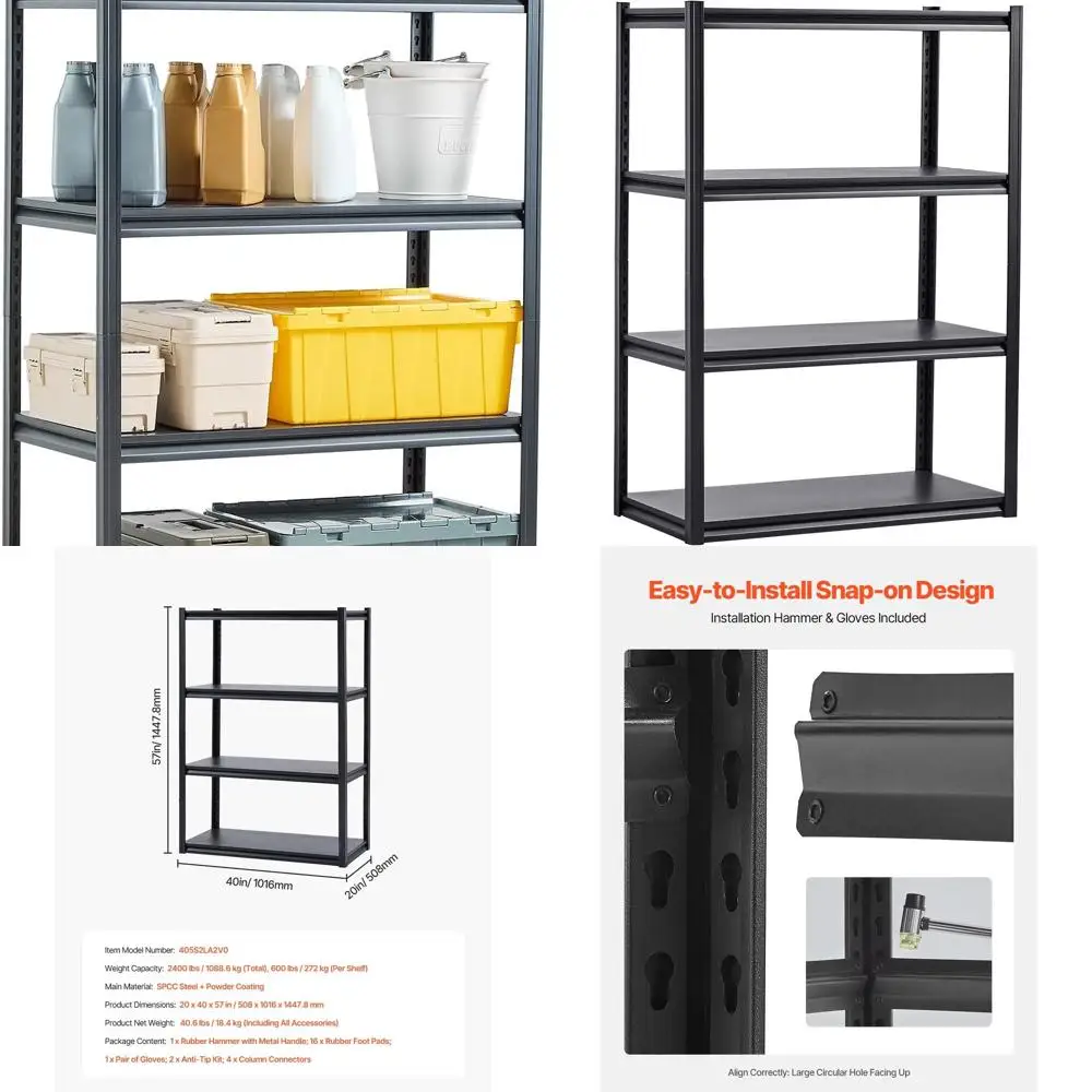 

4-Tier Adjustable Metal Garage Shelves, 20D x 40W x 57H, 2400 lbs Capacity, Ideal for Kitchen, Warehouse, and Basement, Black