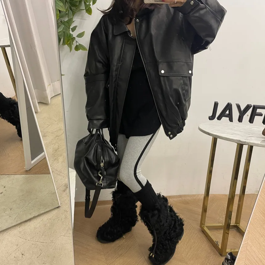 레트로 홍콩 슬레 여성 PU 가죽 재킷 겨울 따뜻한 또는 느슨한 양털 안감 코트 통근 Faion Long Sve