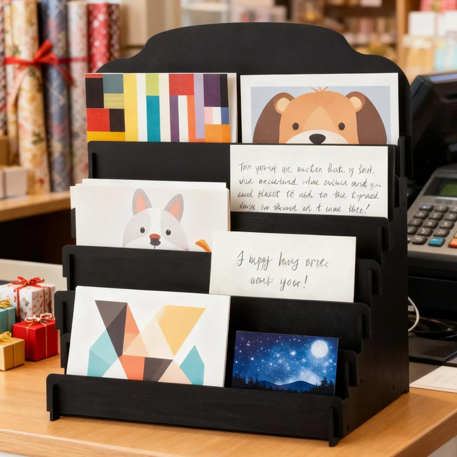 4-Tier Wooden Greeting Card Display Rack Standing Floor Holder Organizer for Postcards, Brochures, Stickers, Crafts