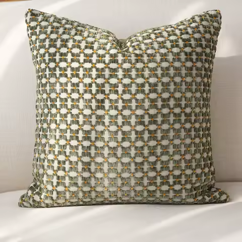 Bohemian Textured Grid Pillow Cover | Soft Chenille Cushion Case with Green &amp; Yellow Checkered Pattern | Modern Farmhouse Sofa