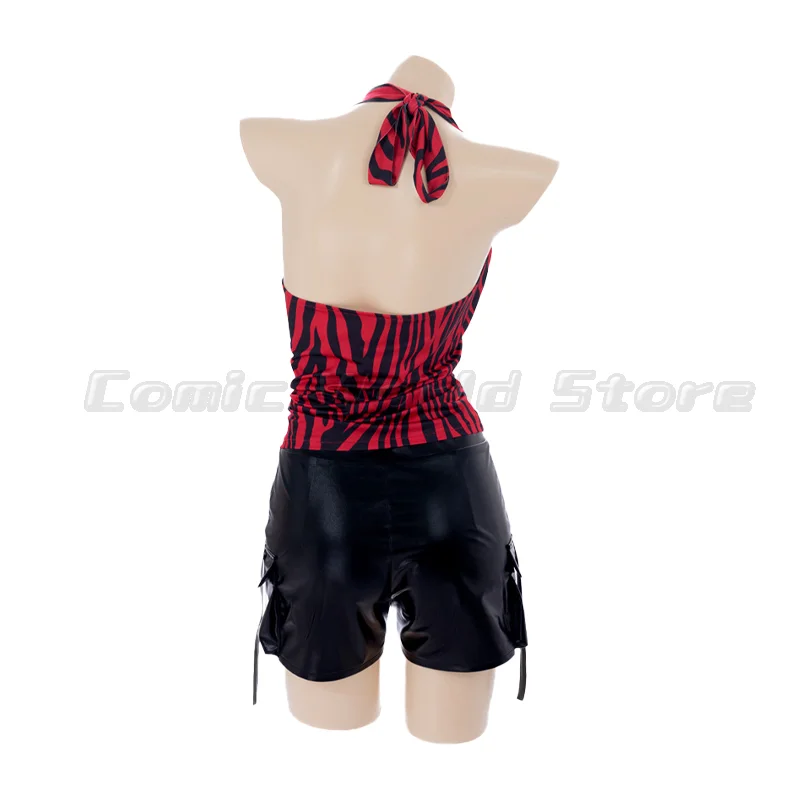 Obsession Nikki Cosplay Costume Outfit Zebra Halter Top Faux Leather Cargo Shorts Punk Streetwear Halloween Carnival Disguise view 5