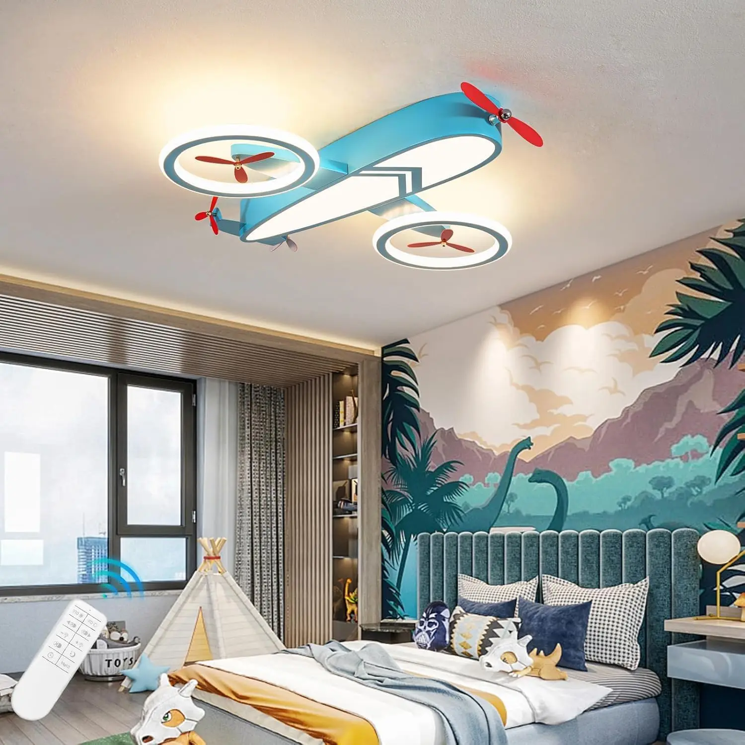 

Kids Ceiling Lights Blue Airplane LED Fixture with Remote for Bedroom, Kitchen, 24.8" Flush Mount