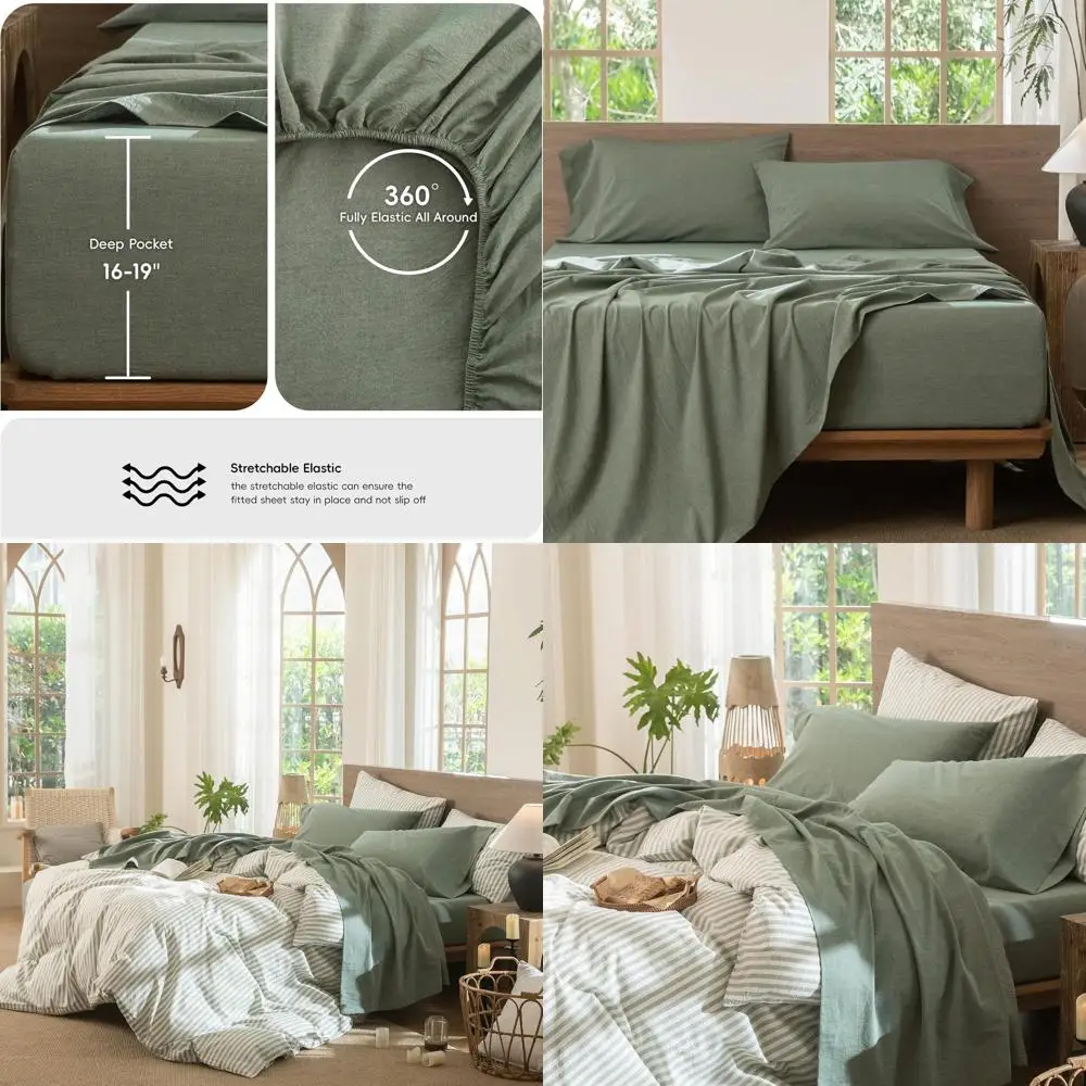 

Комплект постельного белья Queen Size из 100% хлопка с эффектом стирки, текстурированный, дышащий, мягкий и комфортный, цвет: меланжевый зеленый