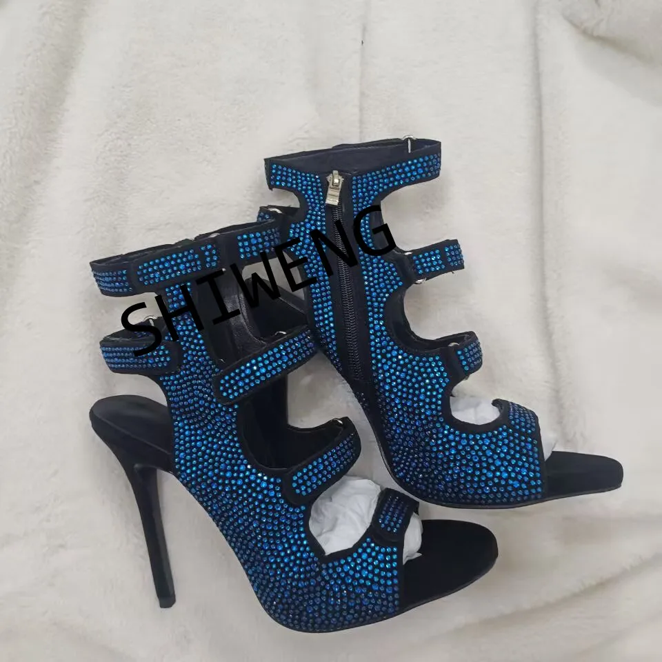 Summer 2025  Women Rhinestone Open Toed Sandals Fashion Round Toe Slim Heel Sandals Sexy Wrapped Party Sandals 35-44