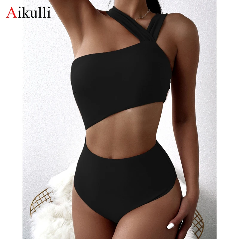 2023 Sexy One Shoulder One Piece Swimsuit Women Solid High Waist Cut Out Swimwear Woman Beachwear Monokini Bodysuit Bathing Suit