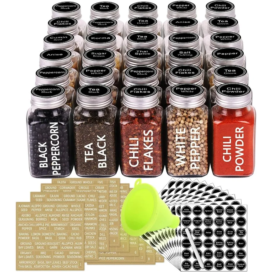 

30 Glass Spice Jars 6 oz Empty Square Spice Bottles with 703 Spice Labels Chalk Marker and Funnel Complete Set for Kitchen Orga
