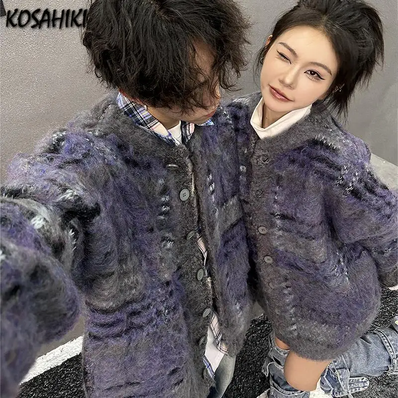 Fashion Y2k Aesthetic Patchwork Women Knitwear 2024 All Match Loose Harajuku Sweaters Casual Single Breasted Cardigans Autumn