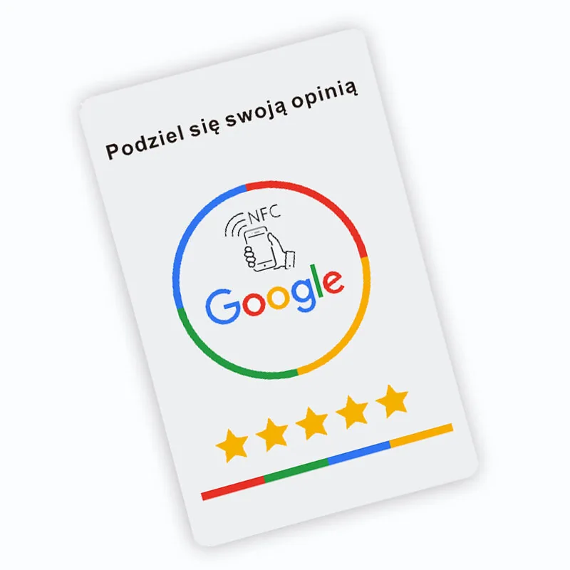 Hochwertige NFC-Karte für Google-Bewertungen in deutscher, niederländischer, französischer, spanischer, englischer und polnischer Sprache.