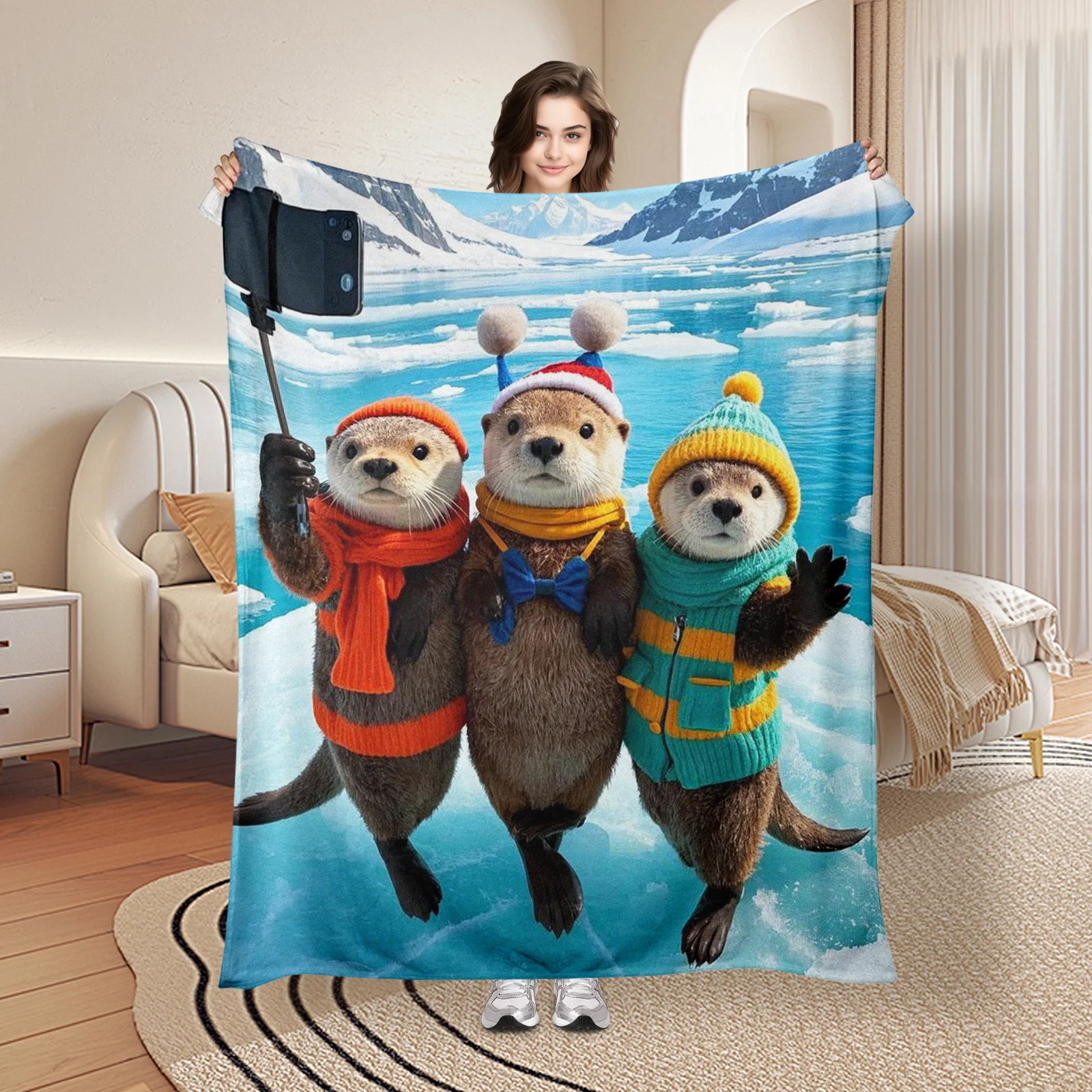 Whimsical Otter Glacier Themed Blanket For Fun Selfie Moments Cozy Plush Throw For Home Decor And Unique Gift Idea For All Ages