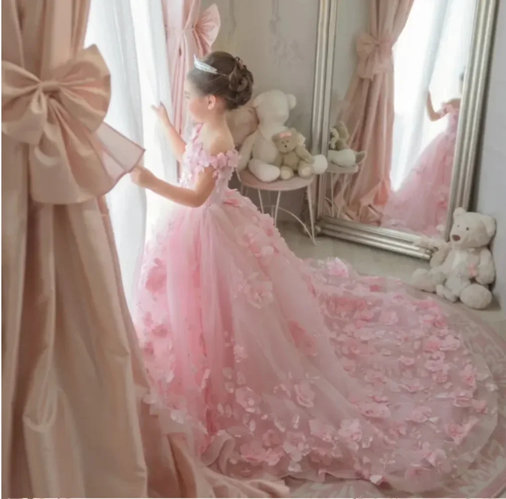 

luxury Flower Girl Dresses Tulle Flowers Fluffy trailing For Wedding Birthday Banquet Princess Communion Gowns