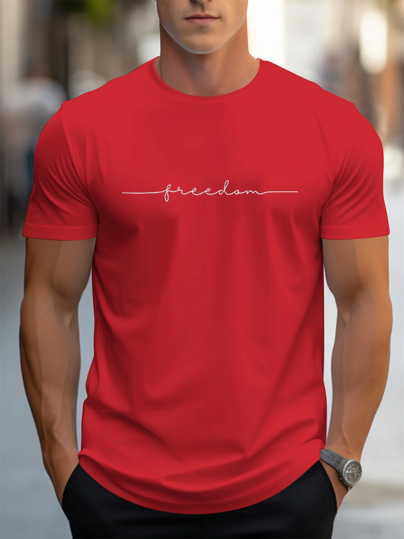 Men's 100% cotton summer fashionable casual loose plus size freedom graphic printed sports round neck short sleeved T-shirt top image 3