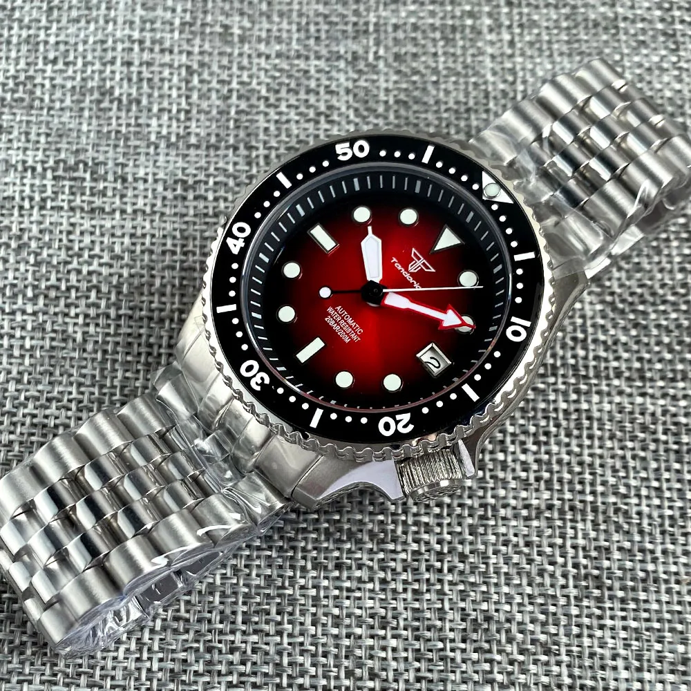 Tandorio NH35A Movt 3.8 Crown Mechanical Automatic Men Watch Sunburst Red 20bar Wristwatch 120clicks Bezel Steel Bracelet