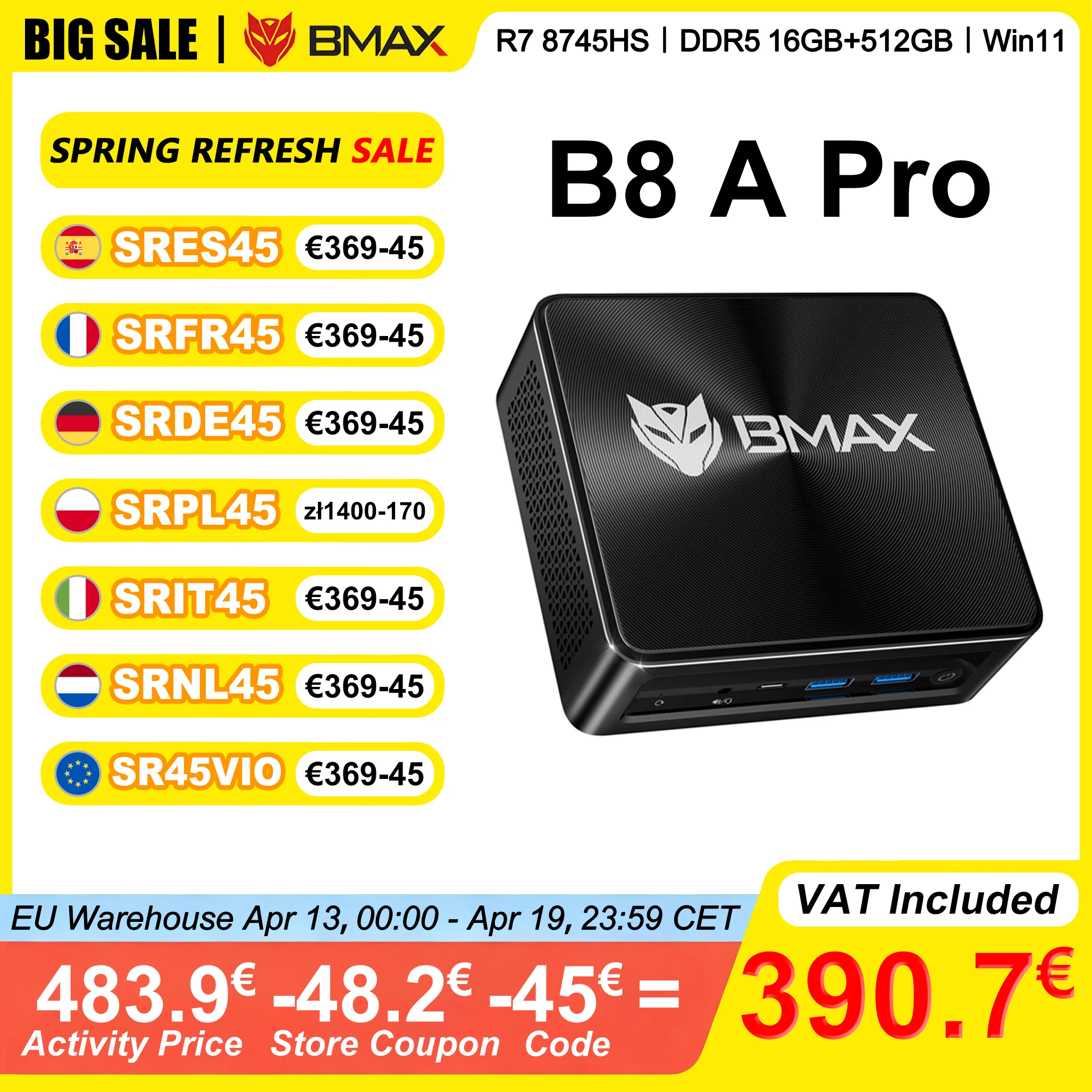 BMAX Mini-PC B8 A Pro AMD Ryzen 7 8745HS 16 GB DDR5 4800 MHz RAM 512 GB NVMe SSD Windows 11 unterstützt 4K@60Hz WiFi 6 AMD Radeon 780M