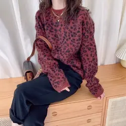 Autumn Winter New Women Clothing Fashion Leopard Sweater Femme Warm Knitting Trend Pullovers Ladies Fashionable Loose Top Tee