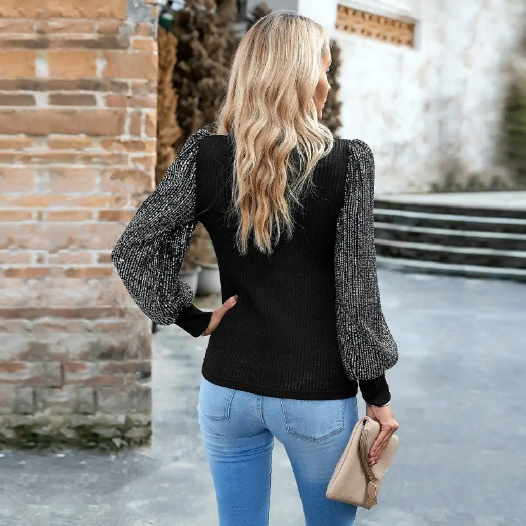 

Kai Kuo Women's Knitted Jacket Autumn Winter High Collar Long Sleeve Sequin Stitching Semi-High Fashion Europe And US Style