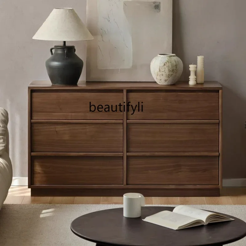 X Solid Wood Chest of Drawers Bedroom Simple Storage Home Skeleton Line Side Cabinet Black Walnut Modern Living Room
