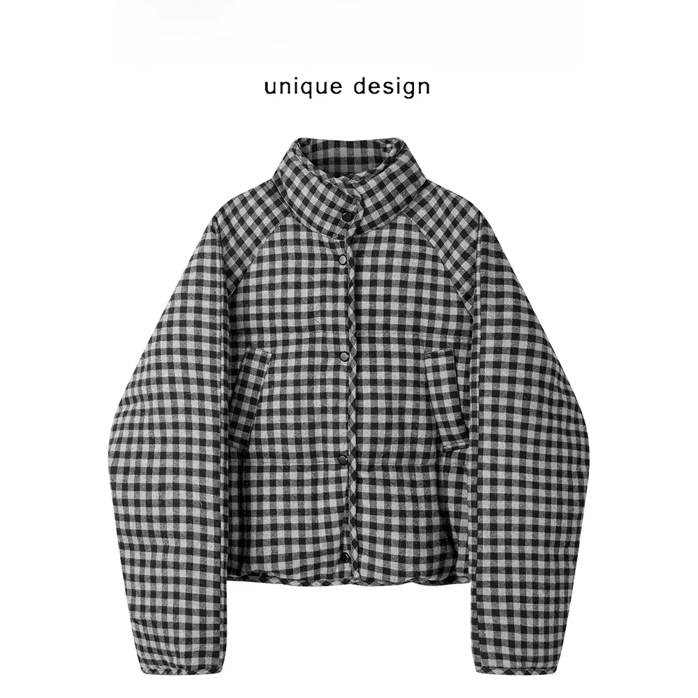 Xinmon Winter Thiened Koreaanse Sle Stand Kraag Plaid Wollen dons Jaet Casual Afslankende Brood Sle Damesjas