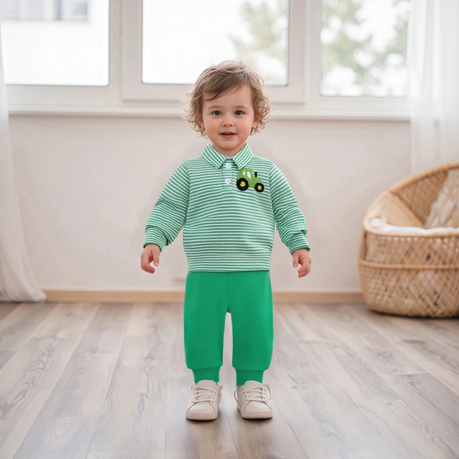 

Baby Clothing Boy 2 pcs Outfits Long Sleeve Lapel Truck Embroidery Striped Tops Pants Clothes Set
