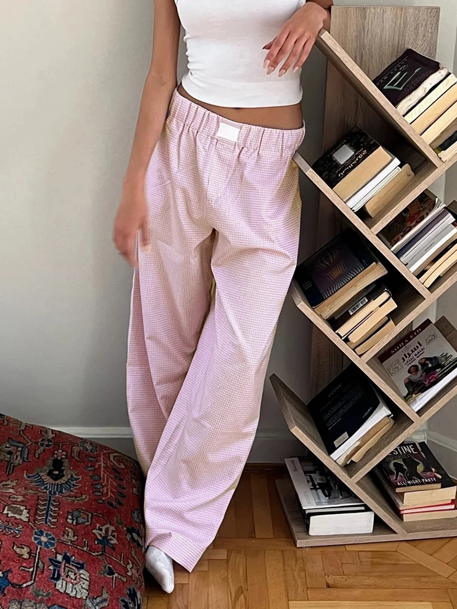 New Fashion Womens Spring Summer Baggy Pants Elastic Waistband Loose Wide Leg Plaid Pants With 2 Pockets Hot Sale S M L