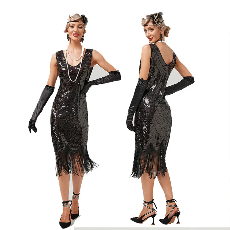 1920s Vintage Sequin Tassel Dress Party Dance Dress Host Sequin Dress Toasting Party Women Clothing Evening Streetwear Frock Y2k