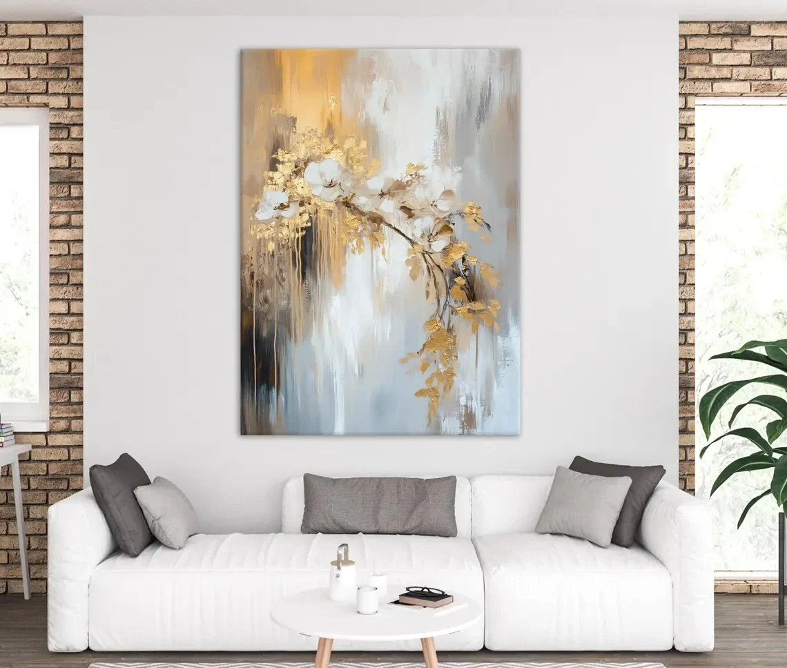 Frameless Canvas Painting Beige And Gold Abstract Floral Canvas Print, Modern Luxury Wall Arts, Elegant No Framed Canvas Print P