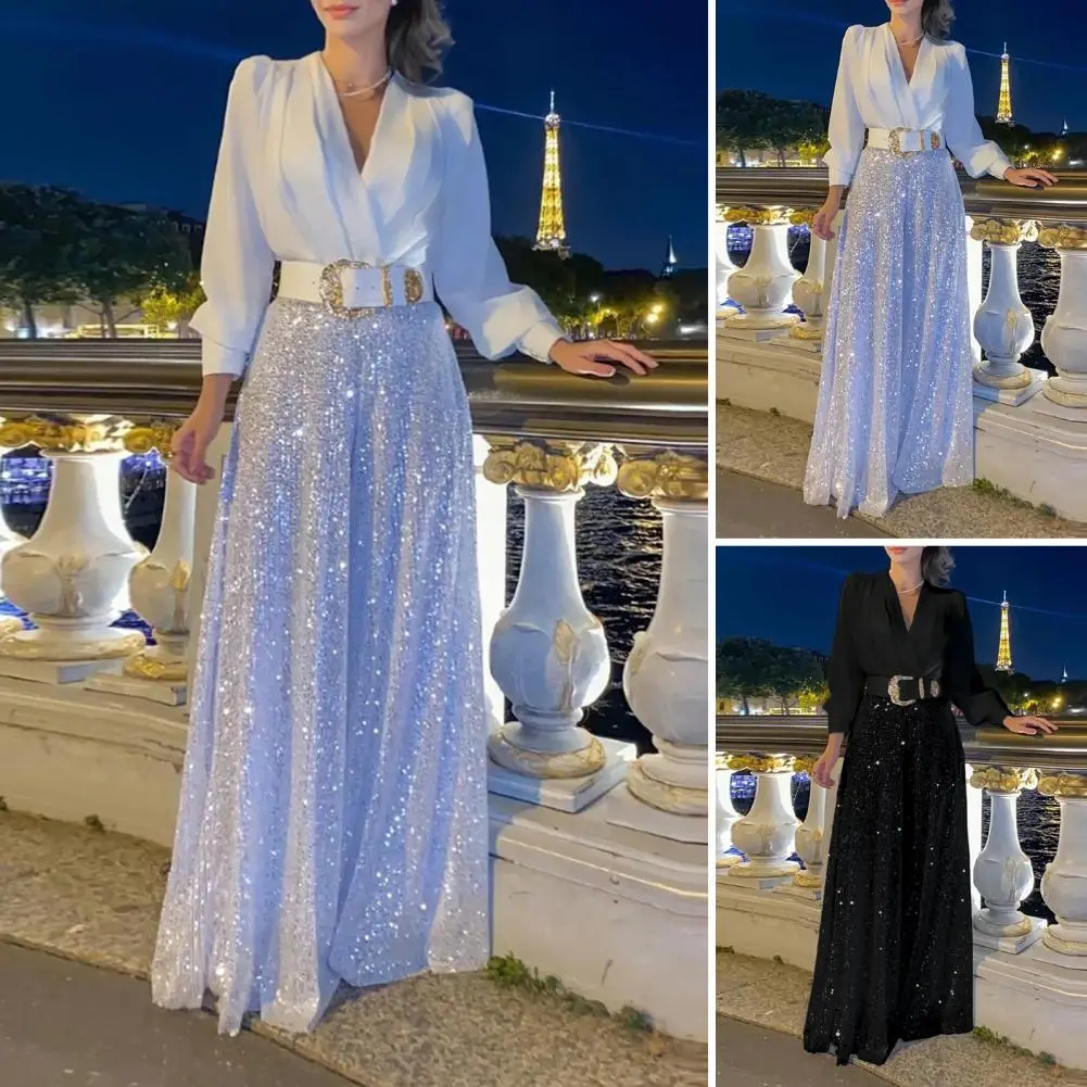 

Ladies Prom Jumpsuit Shiny Sequin Wide Leg Long Sleeve Rompers Loose Deep Crotch Party Elegant Evening Jumpsuit Culottes