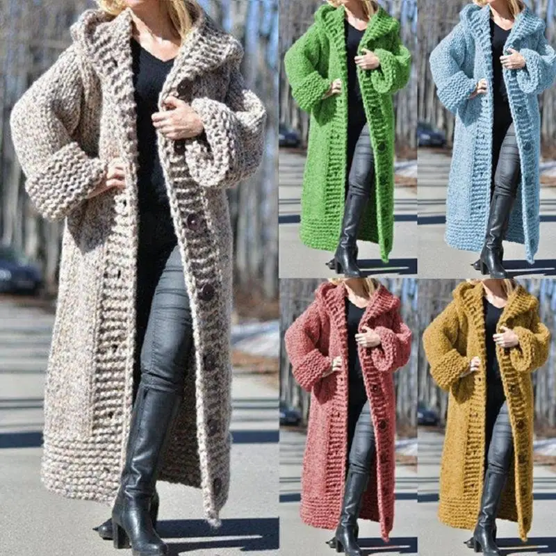 

Women's Hooded Cardigan Long Knitted Sweater plus Size Button Splice Winter Jaet Comfortable Loose Fit Medium Thin