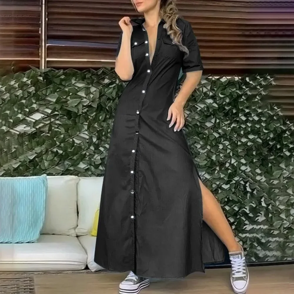 Summer Oversized Women\'s L-5XL Plus Size Lapel Button Denim Dress Solid Color Oversized Loose Slit Dress Fashion Casual Pocket