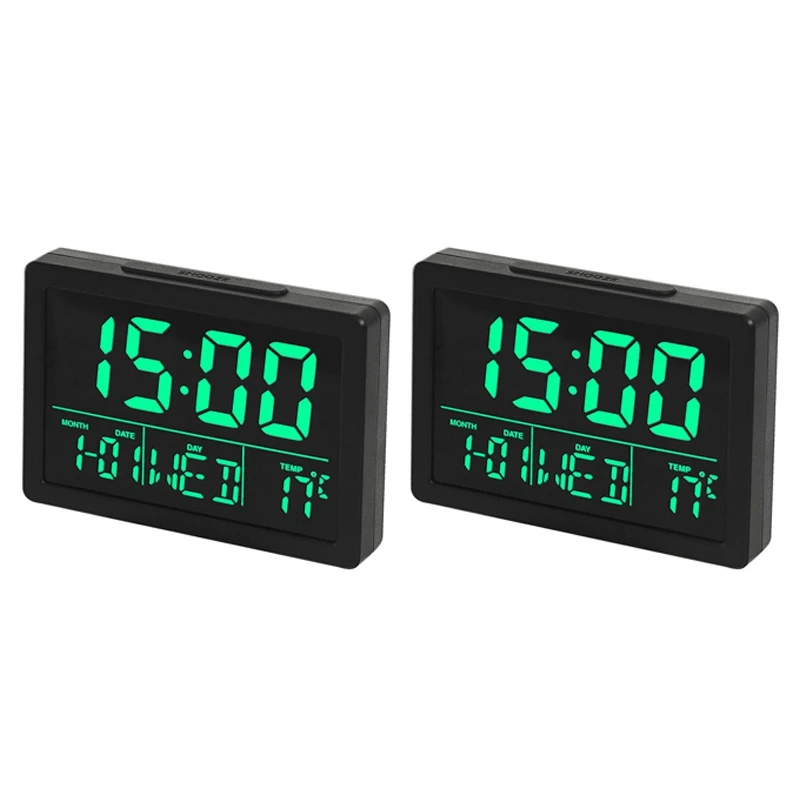 

2X Digital Alarm Clock With Large LED Time Display Temperature Detect Snooze Clocks For Bedroom Bedside Desk Black&Green