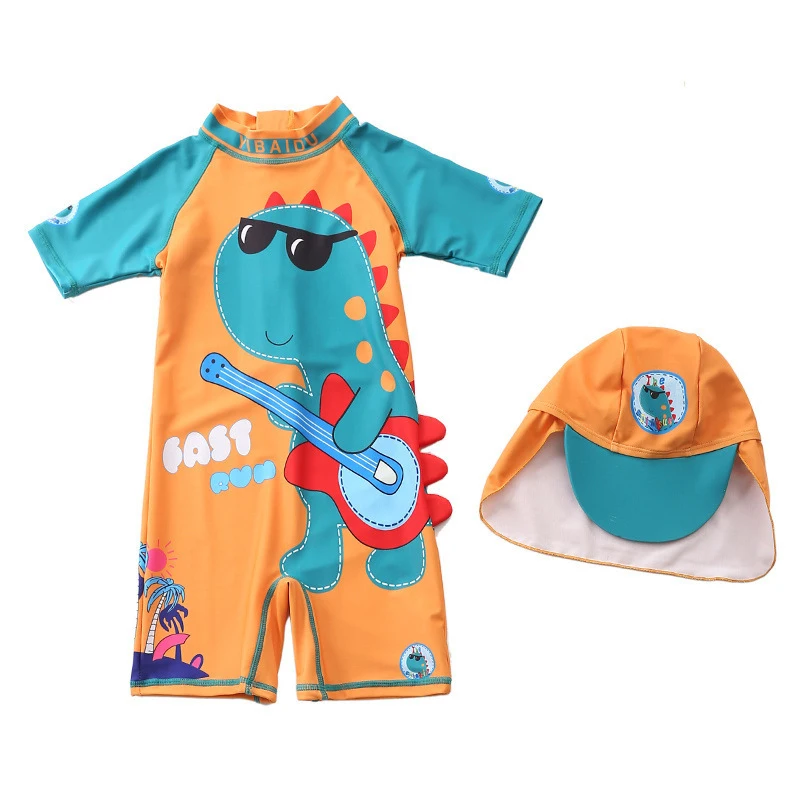 Costume da bagno intero per neonato, costume da bagno a maniche corte, simpatico cartone animato, dinosauro, con cappello da sole, protezione solare