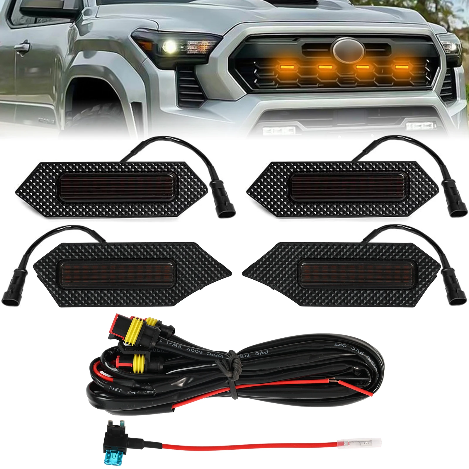 

Amber Grille Lights Kit For ToyotaTacoma TRD Sport Off-Road Pre Runner 2024 2025 4Pcs Smoke Black Shell with Wire Harness Fuse