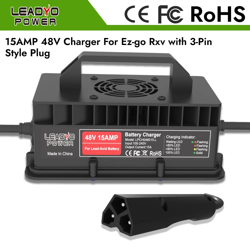 48V 15A Golf Cart Lead-acid Battery Charger for Yamaha RXV with 3-Pin Plug Smart Battery Charger 800W IP67 waterproof 48V