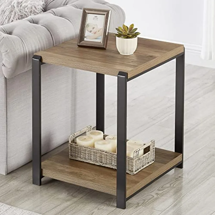 

Industrial End Table Square Side Table with Storage Shelf for Living Room Wood and Metal Nightstand