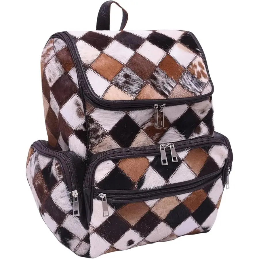 

Real Cowhide Backpack for Women Men Patchwork HairOn Genuine Full Grain Leather Backpack Laptop Sleeve, 5 Pockets Spacious, Comp