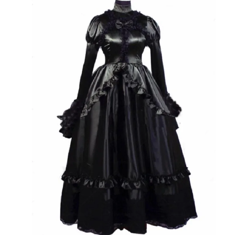 Adult Sexy Sissy Crossdressing Long Victorian Medieval Dress Black Satin Dress Crossdresser Party Daily Unisex Dress Role Playin